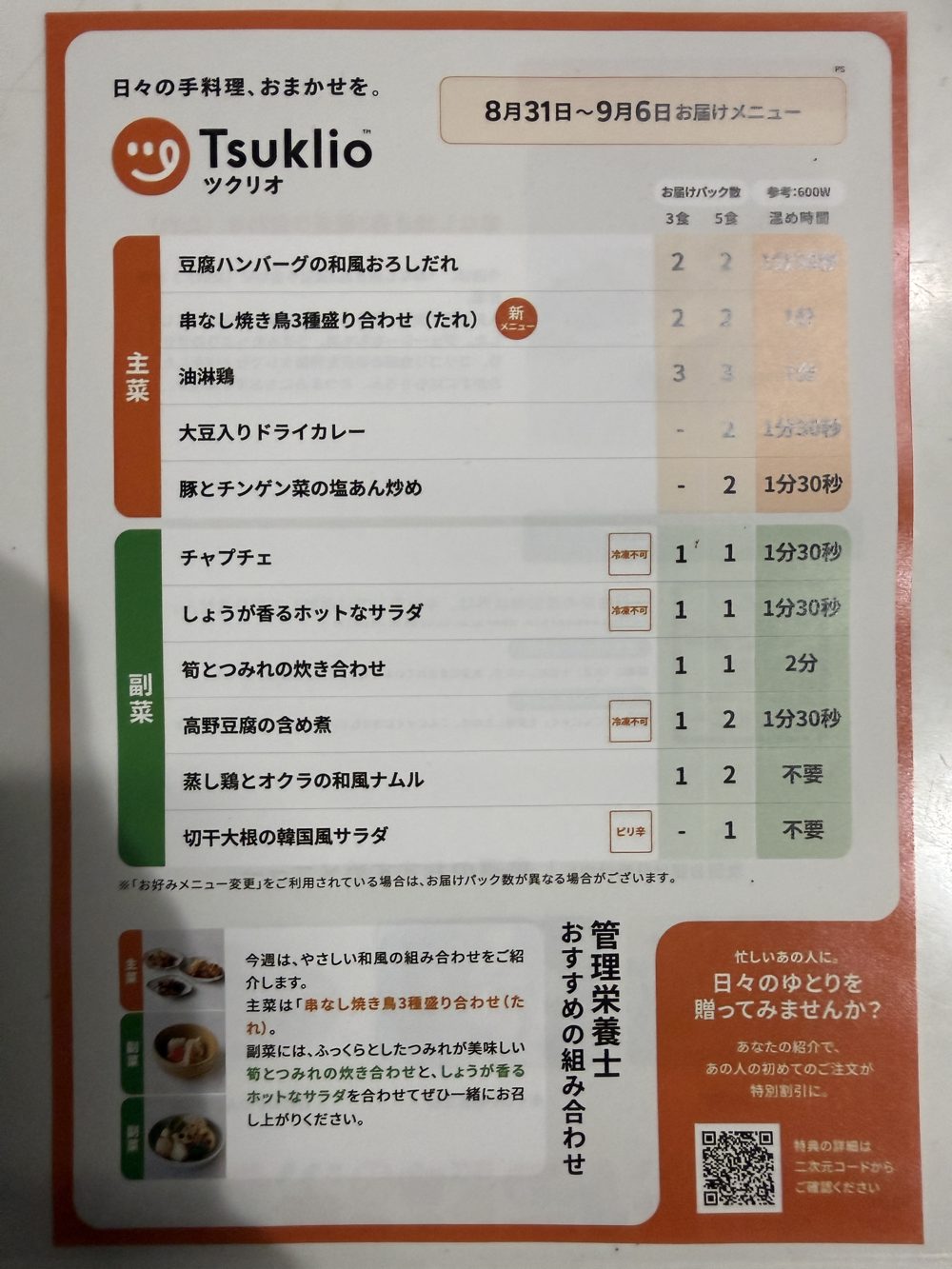 ツクリオの8月31日〜9月6日お届けメニュー表。主菜5種・副菜6種とお届けパック数、レンジ温め時間の一覧